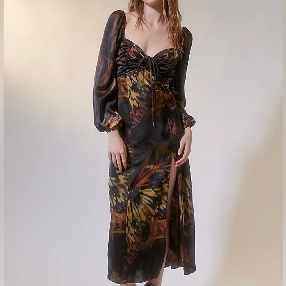 Urban Outfitters Butterfly Print Long Sleeve Satin Midi Dress